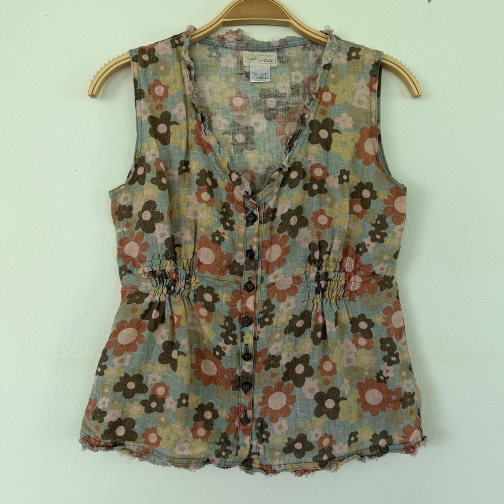 Neesh by D.A.R. Linen Floral Smocked Waist Sleeveless Top V-Neck Boho Multi XS